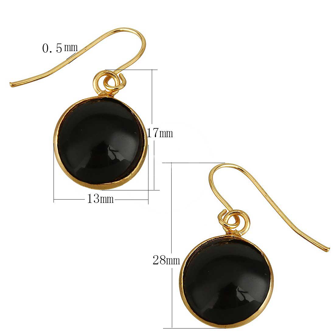 Zwarte edelstenen oorbellen met goud edelstaal  maatindicatie | Black Agate Gold Round