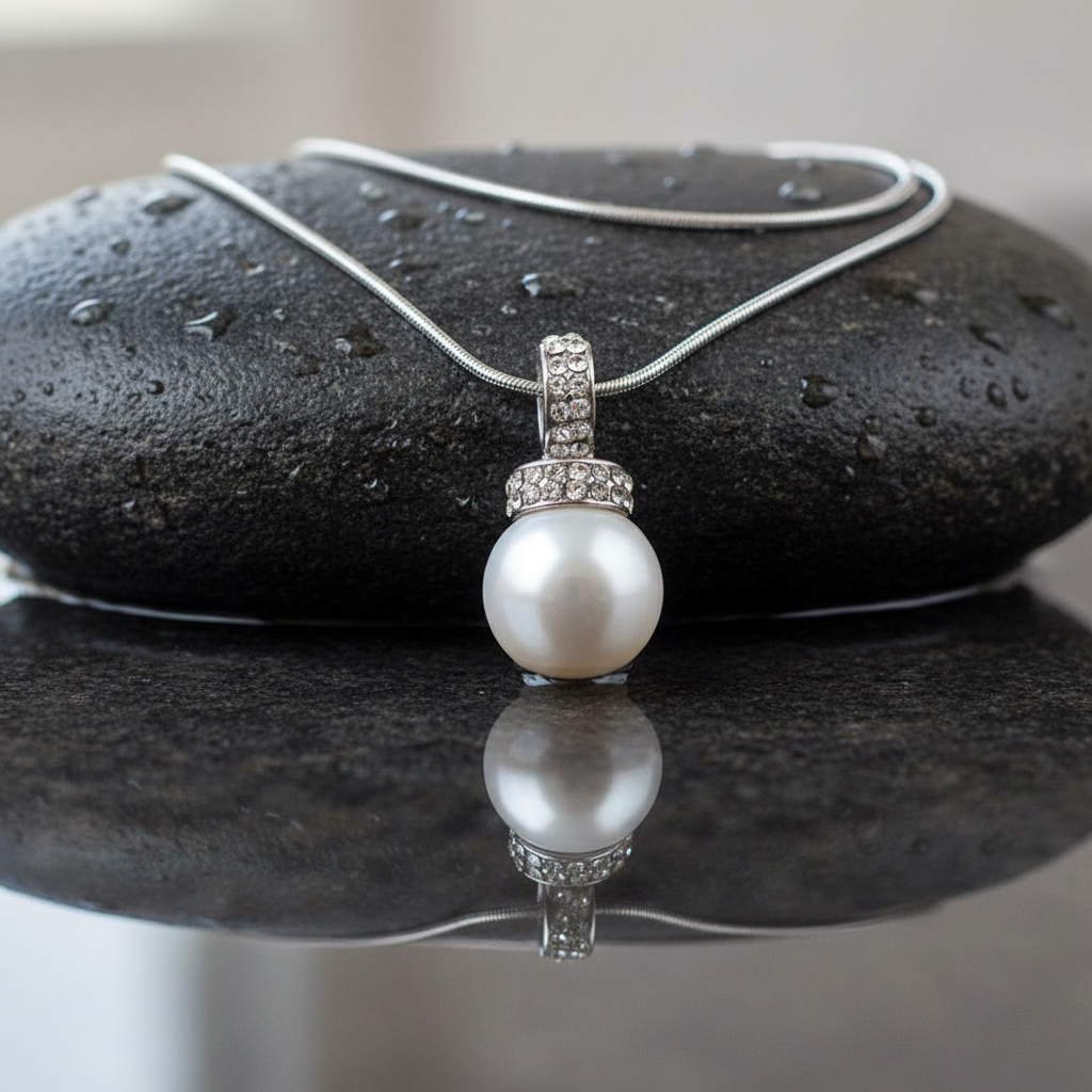 Detail van witte mother of pearl parelketting met stras steentjes liggend op steen | Willanie