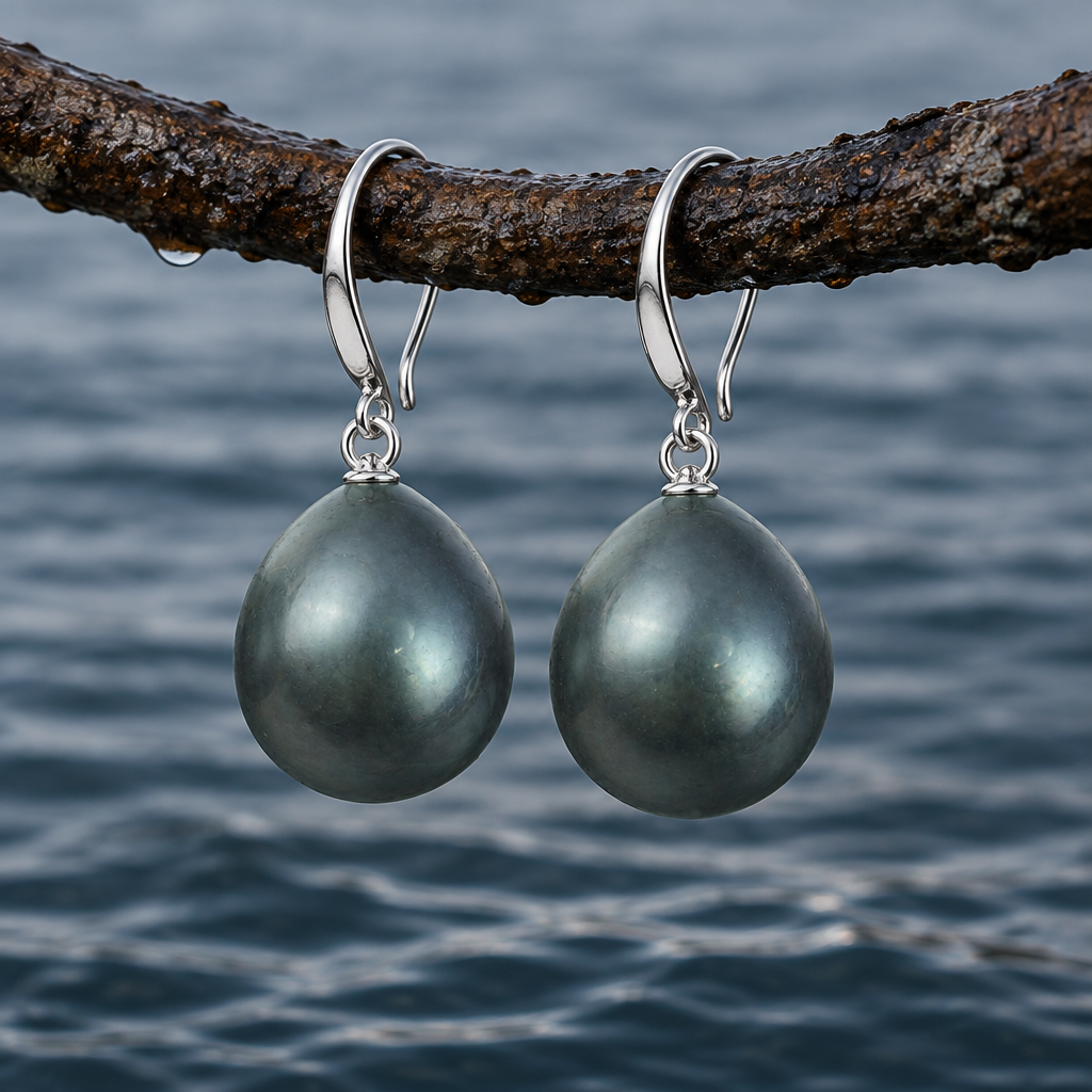 Mother of pearl parel oorbellen met grijs groene parel hangend aan takje boven water | Royal Green