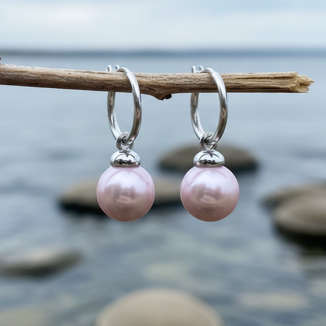 Roze parel oorbellen, oorringen met roze parel hangend aan takje boven water | Little Hope Old Pink