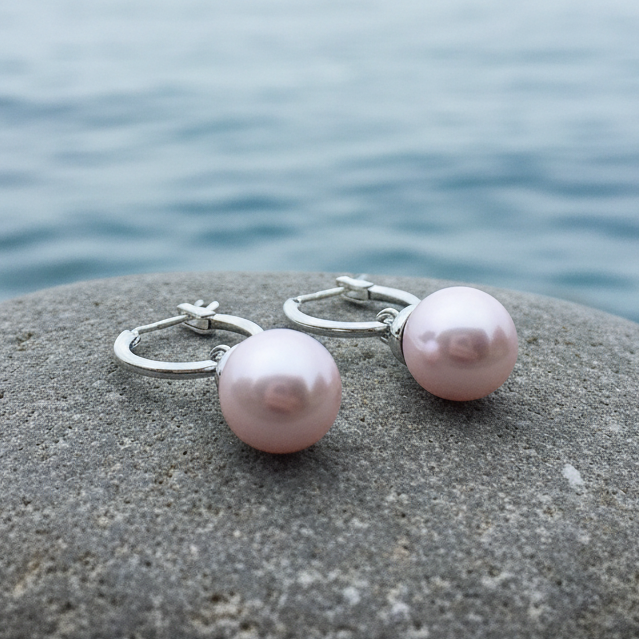 Roze parel oorbellen, oorringen met roze parel liggend op steen in water| Little Hope Old Pink
