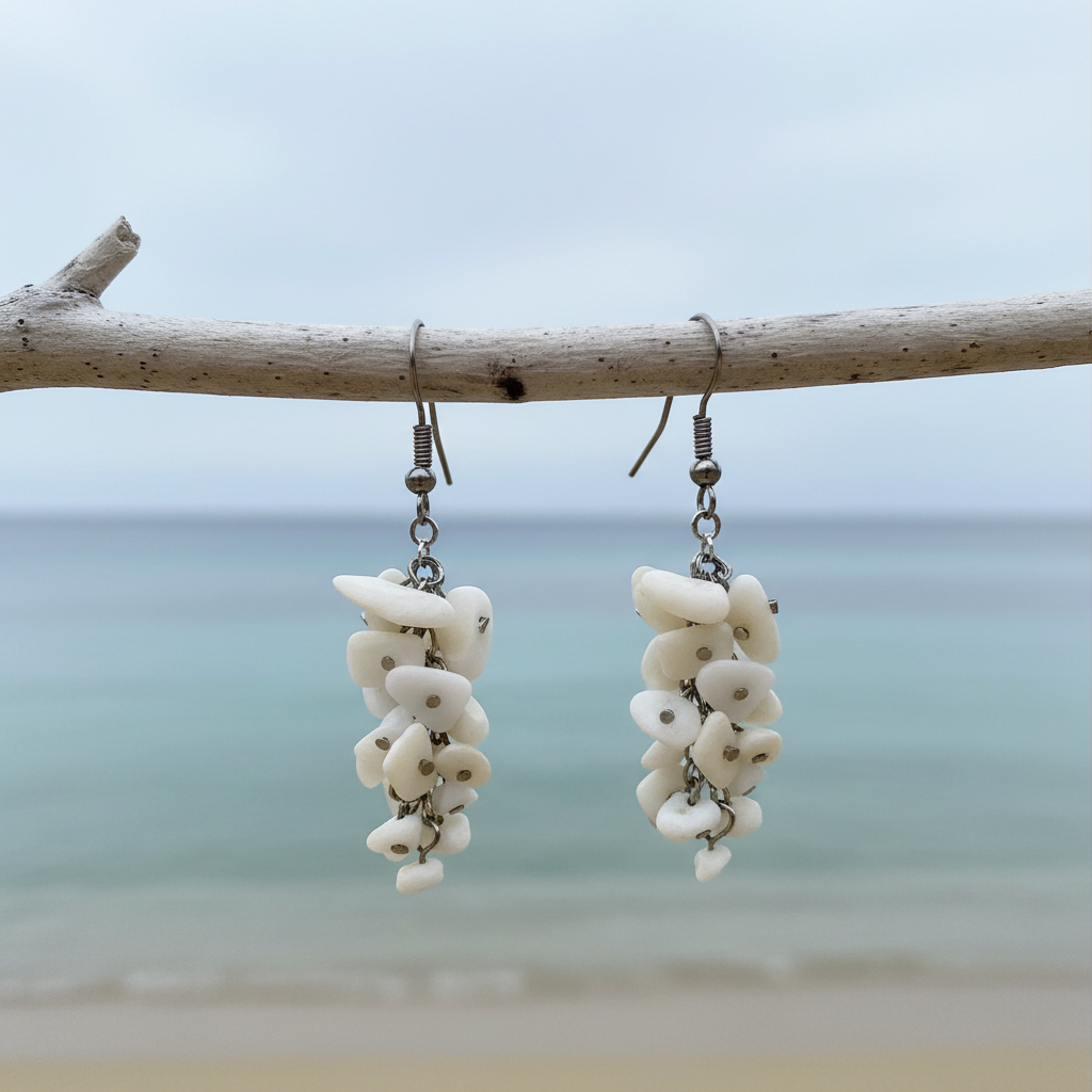 Witte oorbellen met stukjes witte schelp en sterling zilver (925) hangend aan takje | White Stone