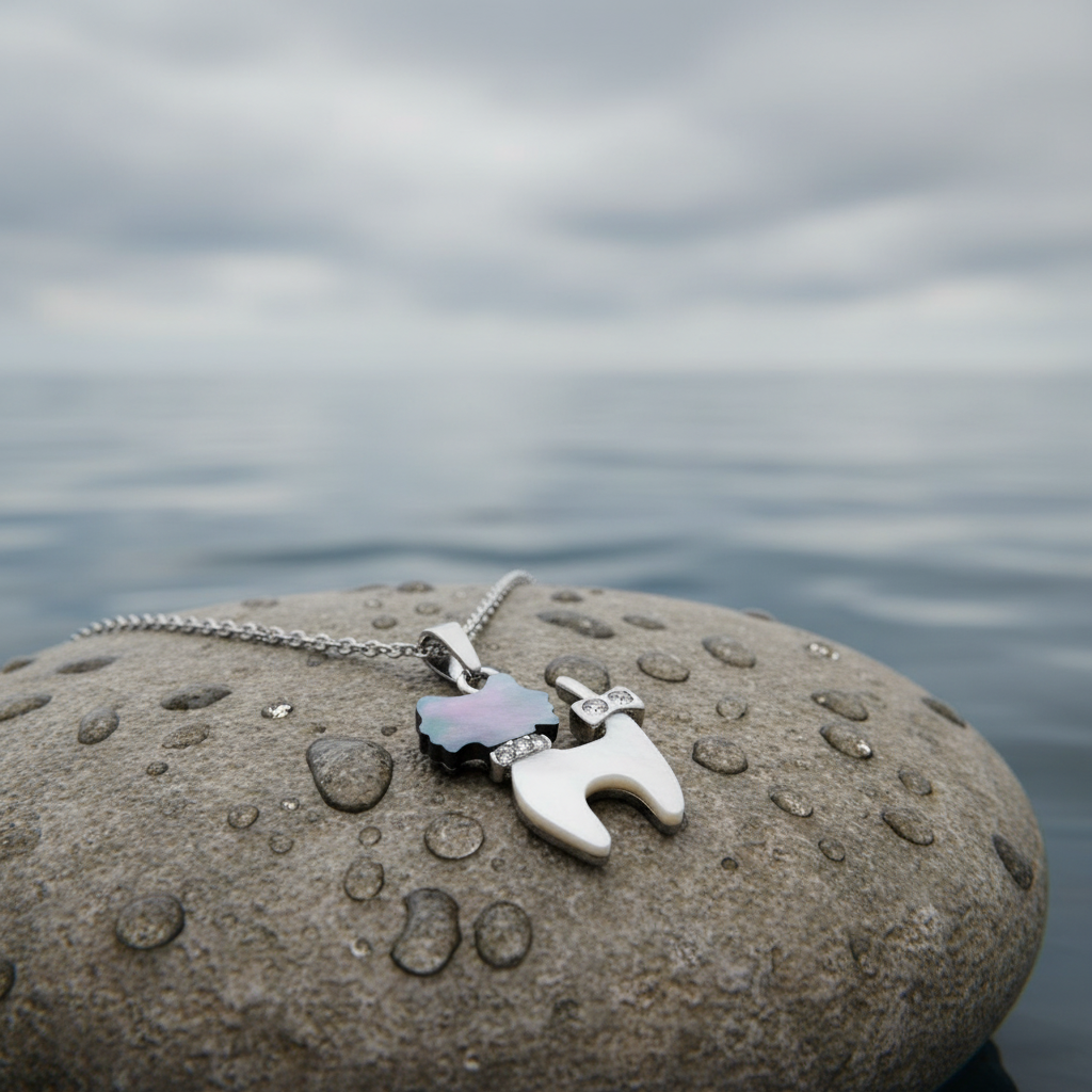 Parelmoeren ketting met parelmoeren hanger met stras steentjes in de vorm van een kat met zilver edelstaal liggend op natte steen | Shell Cat