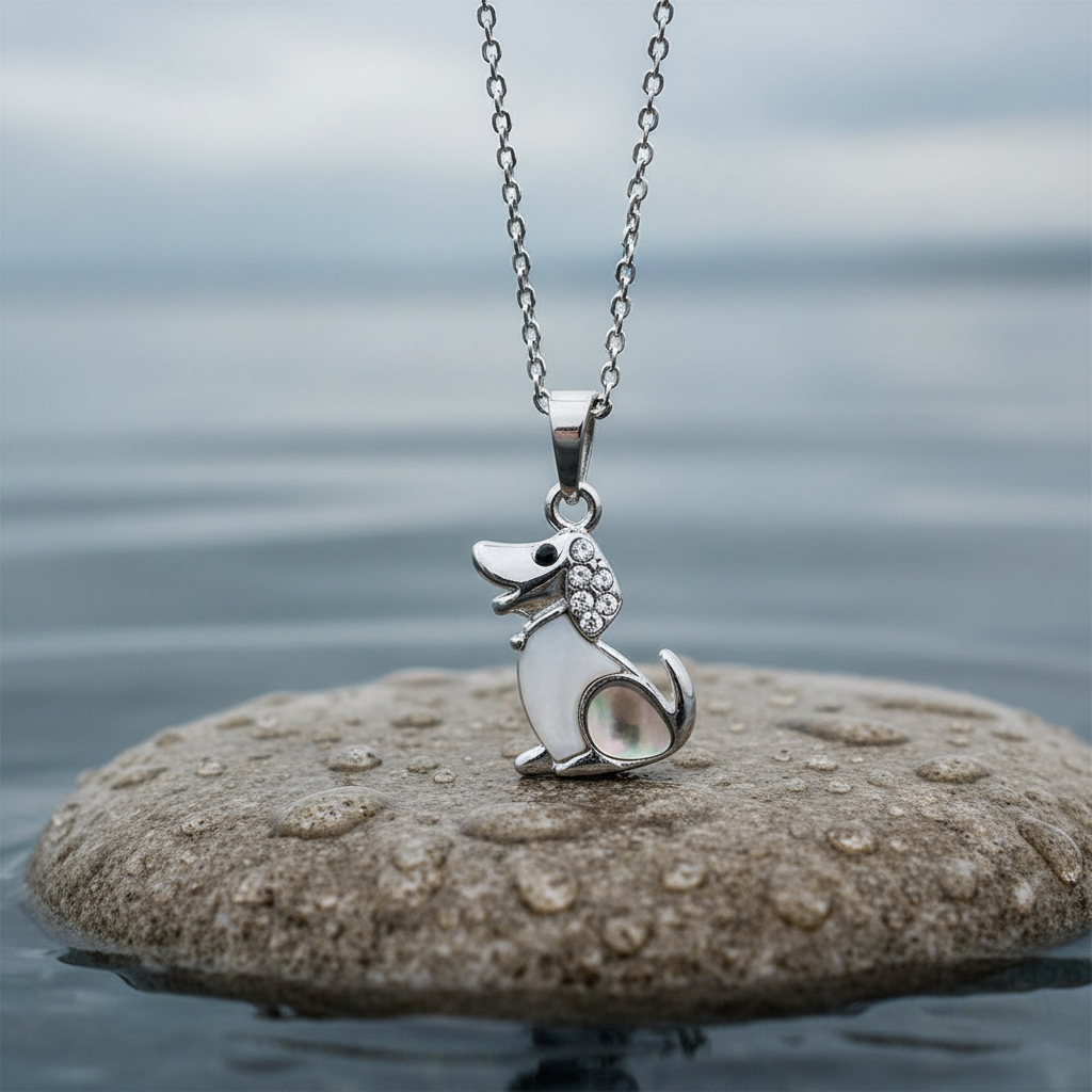 Parelmoeren ketting met hanger met wit en grijs parelmoer in de vorm van een hond met stras steentjes en zilver edelstaal hangend boven steen | Shell Dog