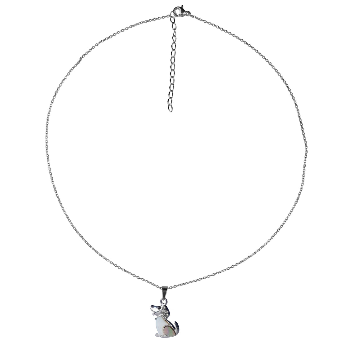 Parelmoeren ketting met hanger met wit en grijs parelmoer in de vorm van een hond met stras steentjes en zilver edelstaal | Shell Dog