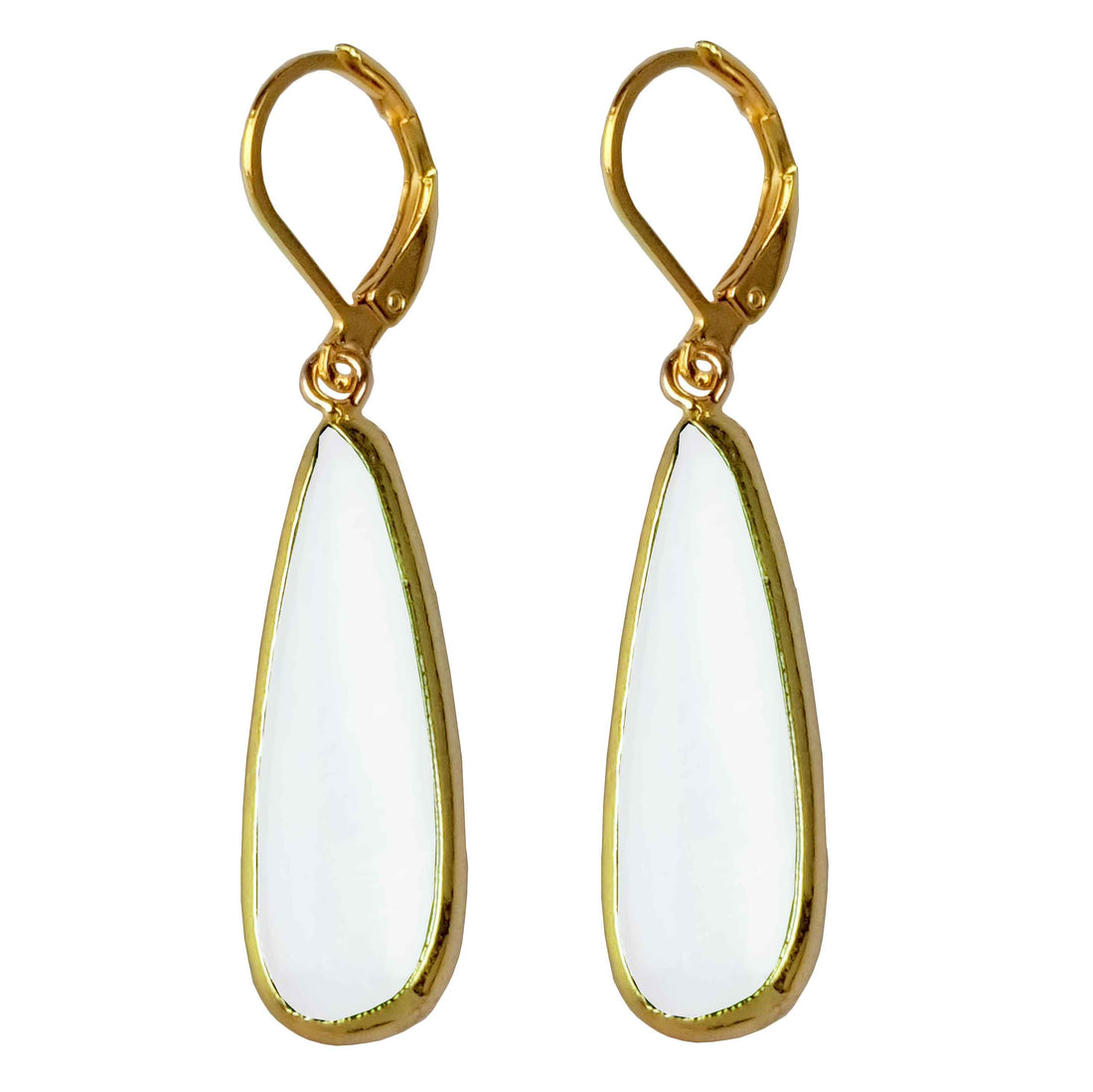 Witte parelmoeren oorbellen met goud edelstaal - Oblong Drop White