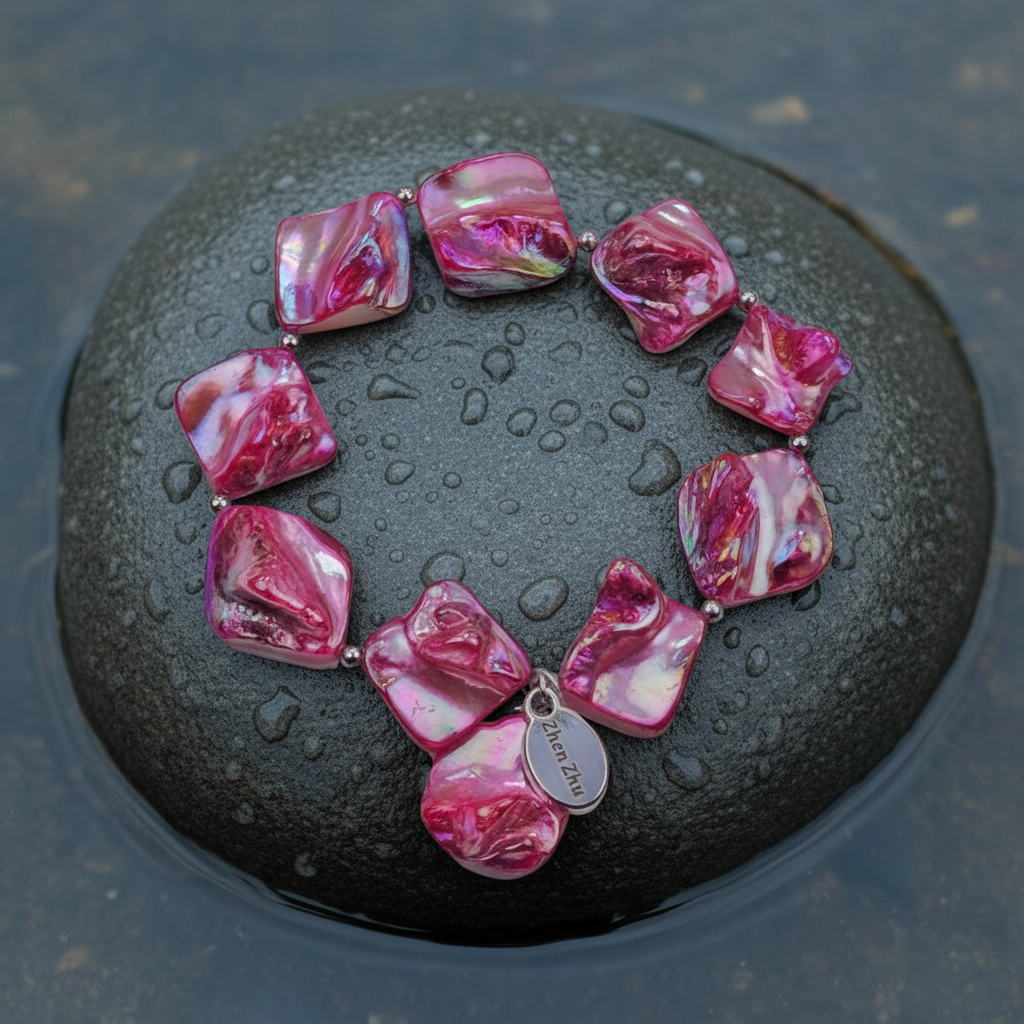 Pink gekleurd parelmoeren schelpen armband liggend op steen in water | Shell AB Pink