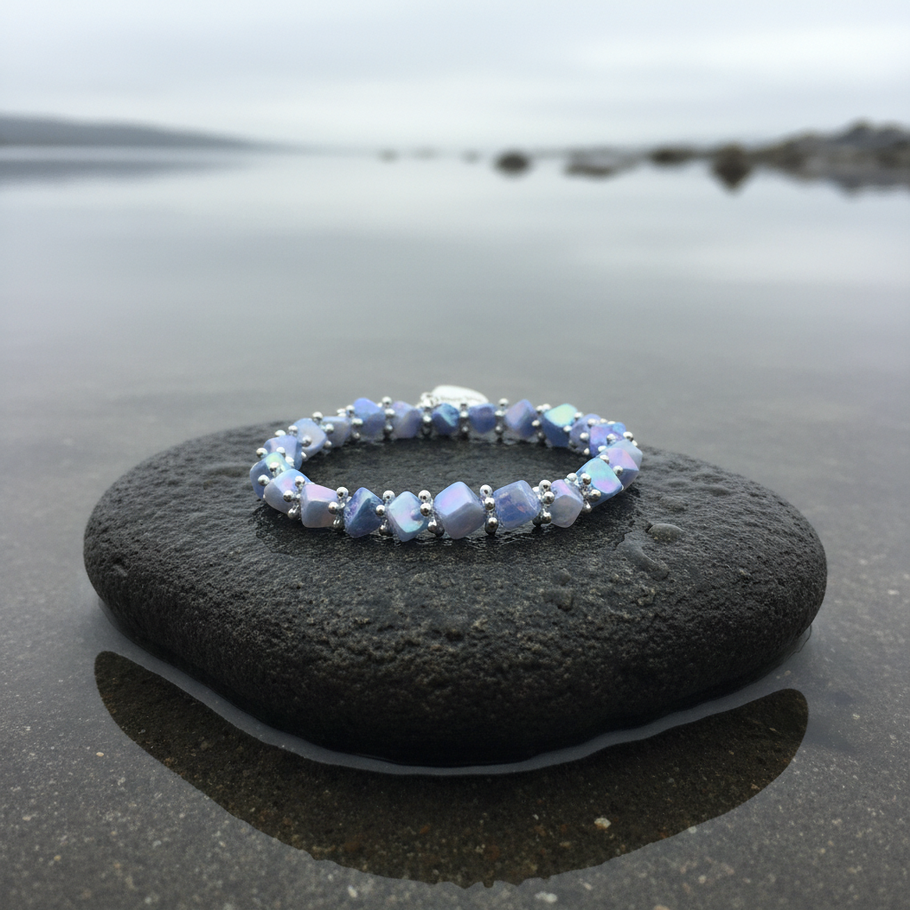 Blauw parelmoeren armband liggend op steen, elastisch | Shell Cube AB Blue