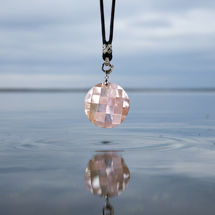 Detail van oud roze parelmoeren ketting hangend boven het water | Jasmine