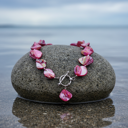 Pink gekleurde parelmoeren schelpen ketting met hanger liggend op steen in water | Shell AB Pink