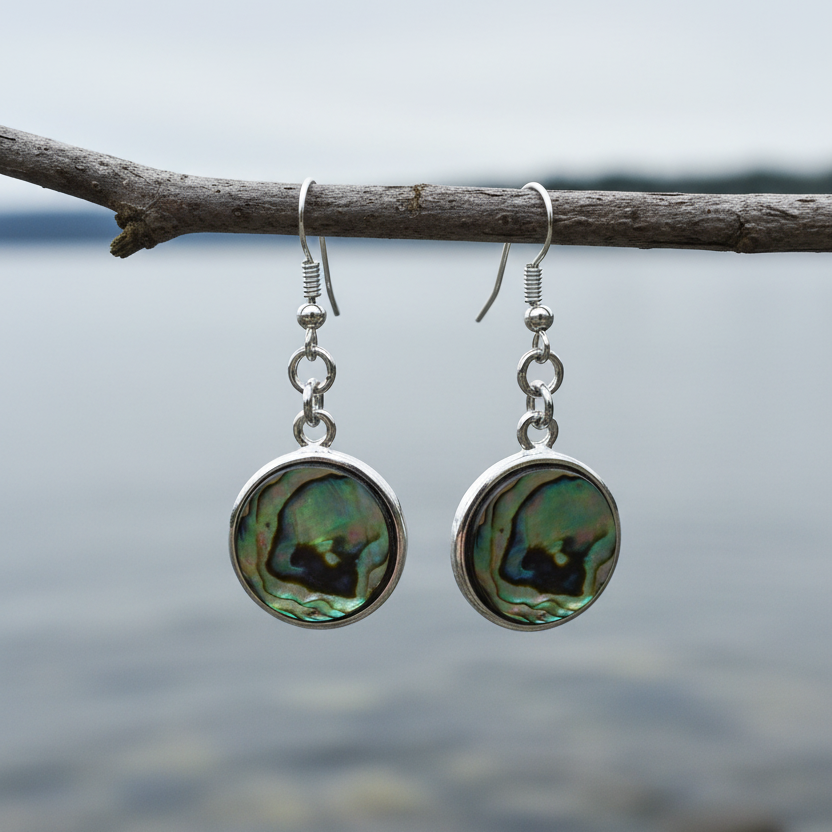 Parelmoeren oorbellen met abaloon en sterling zilveren oorbelhaakjes hangend aan takje vooraanzicht | Abalone Shell Round