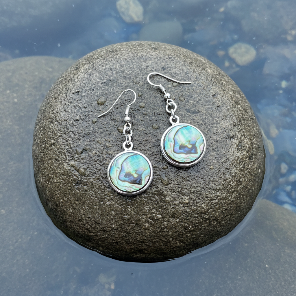 Parelmoeren oorbellen met abaloon en sterling zilveren oorbelhaakjes liggend op steen vooraanzicht | Abalone Shell Round