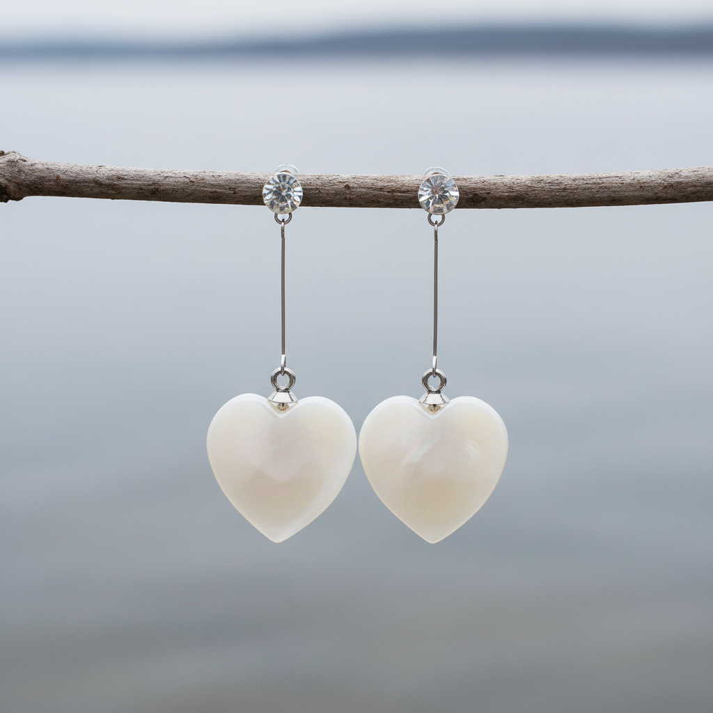 Witte parelmoeren oorbellen met wit parelmoer hartje, stras steen en zilver edelstaal hangend aan takje | Bling Long White Shell Heart