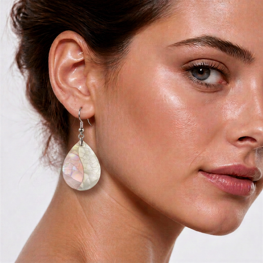 Parelmoeren oorbellen in druppelvorm met sterling zilver 925 gedragen door model | Crackle Rosé Shell Teardrop