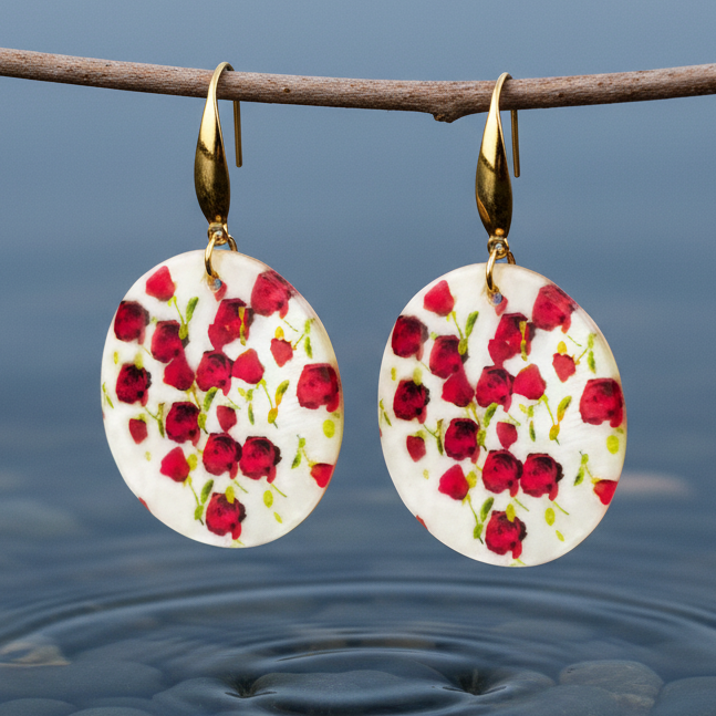 Parelmoeren oorbellen met wit parelmoer en goud kleurig edelstaal hangend aan takje boven water | Gold Shell Poppies
