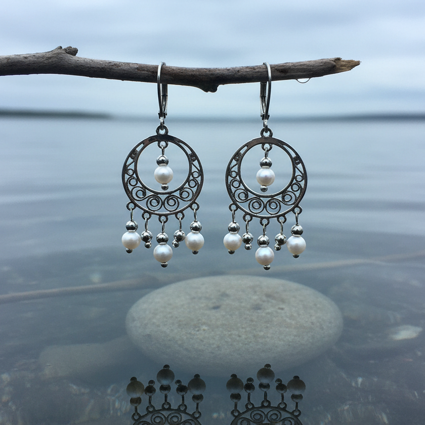 Witte parelmoeren oorbellen in oosterse stijl met zilver edelstaal hangend boven water | Saisha