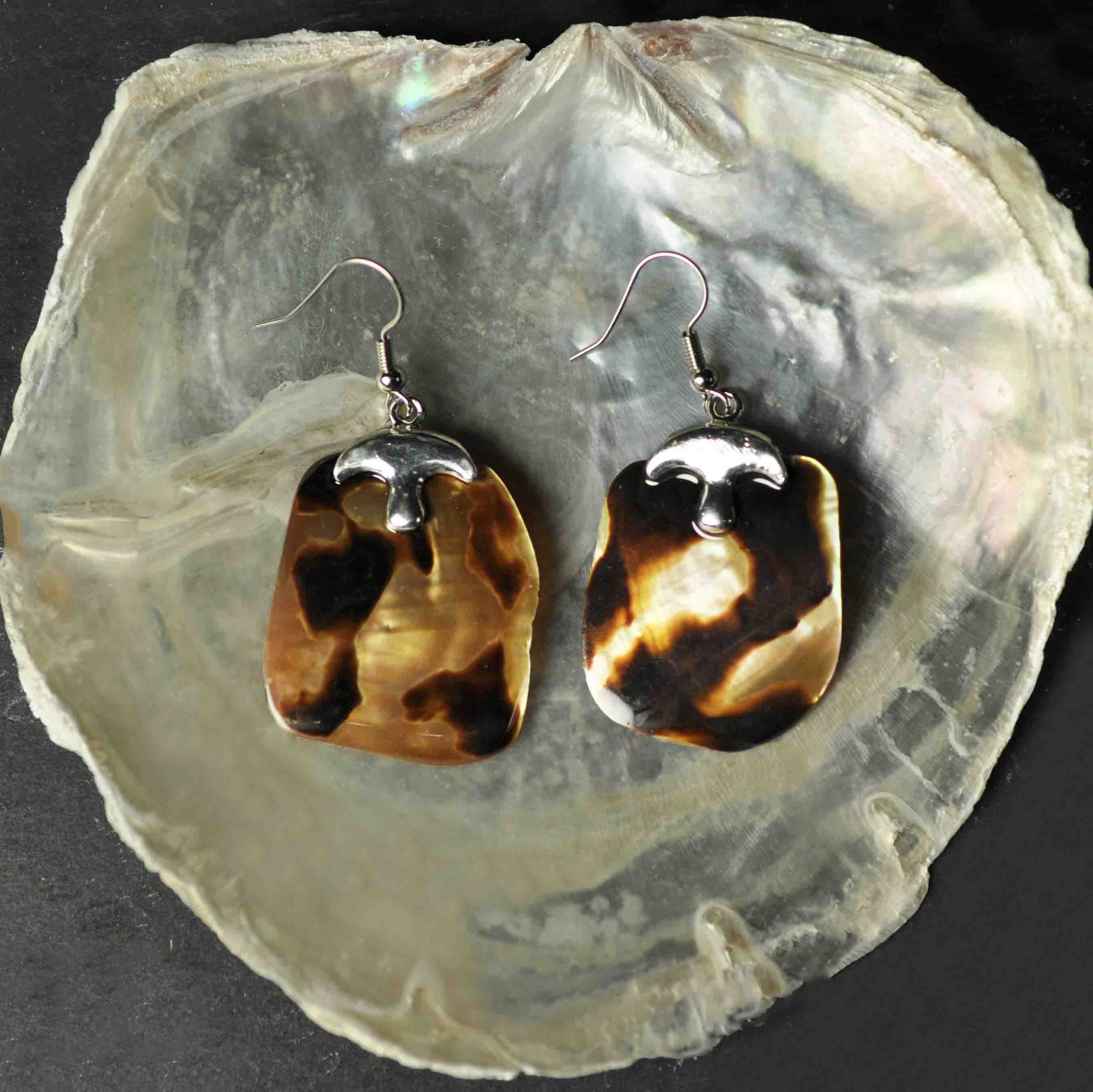 Bruine parelmoeren oorbellen met sterling zilver 925 liggend in witte schelp | Shell Panther Braun