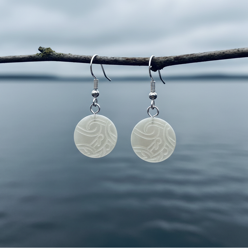 Witte parelmoeren oorbellen met gravering en sterling zilver 925 hangend aan takje boven water | White Round Shell