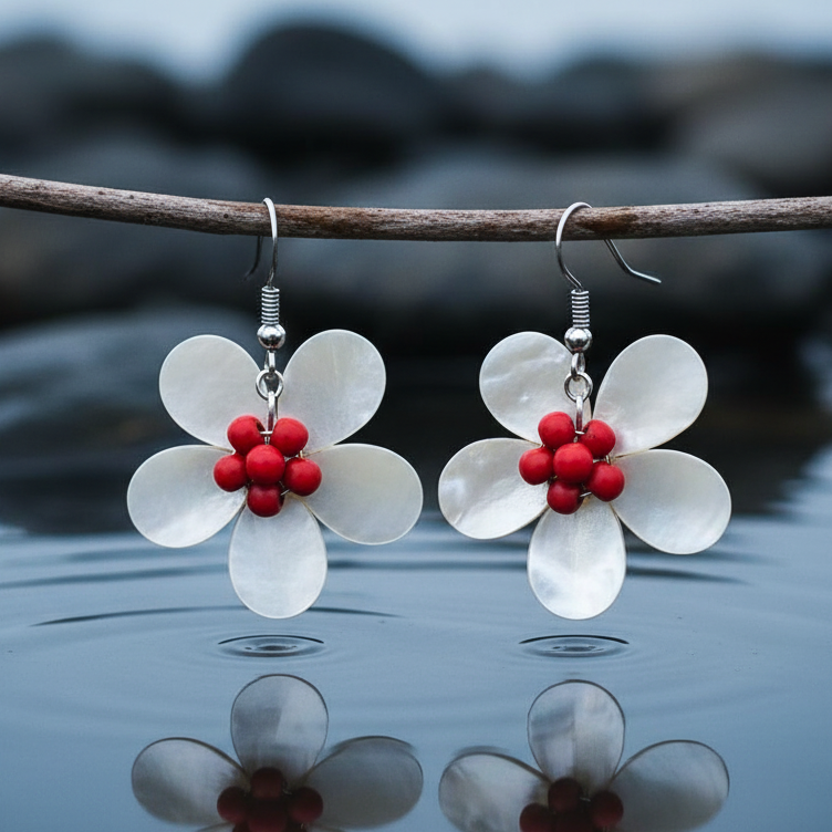 Parelmoeren oorbellen met wit parelmoer in de vorm van een bloem en zilver edelstaal  hangend aan takje boven water | White Shell Flower Red Stone