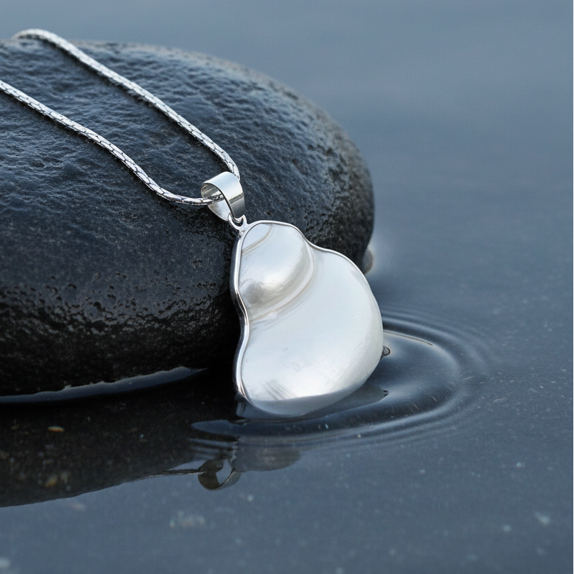 Witte schelpen ketting met zilver edelstaal liggend op steen in water | set Pearl White Turbo Shell