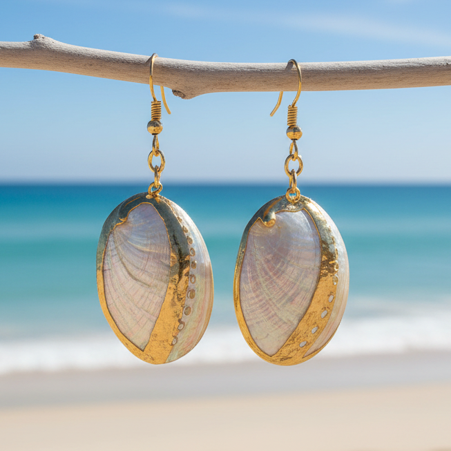 Parelmoeren schelpen oorbellen met witte schelp en goud edelstaal hangend aan takje met achtergrond zee | oorbellen White Shell Gold