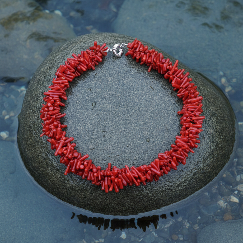 Rood koralen ketting liggend op steen in water | Carola