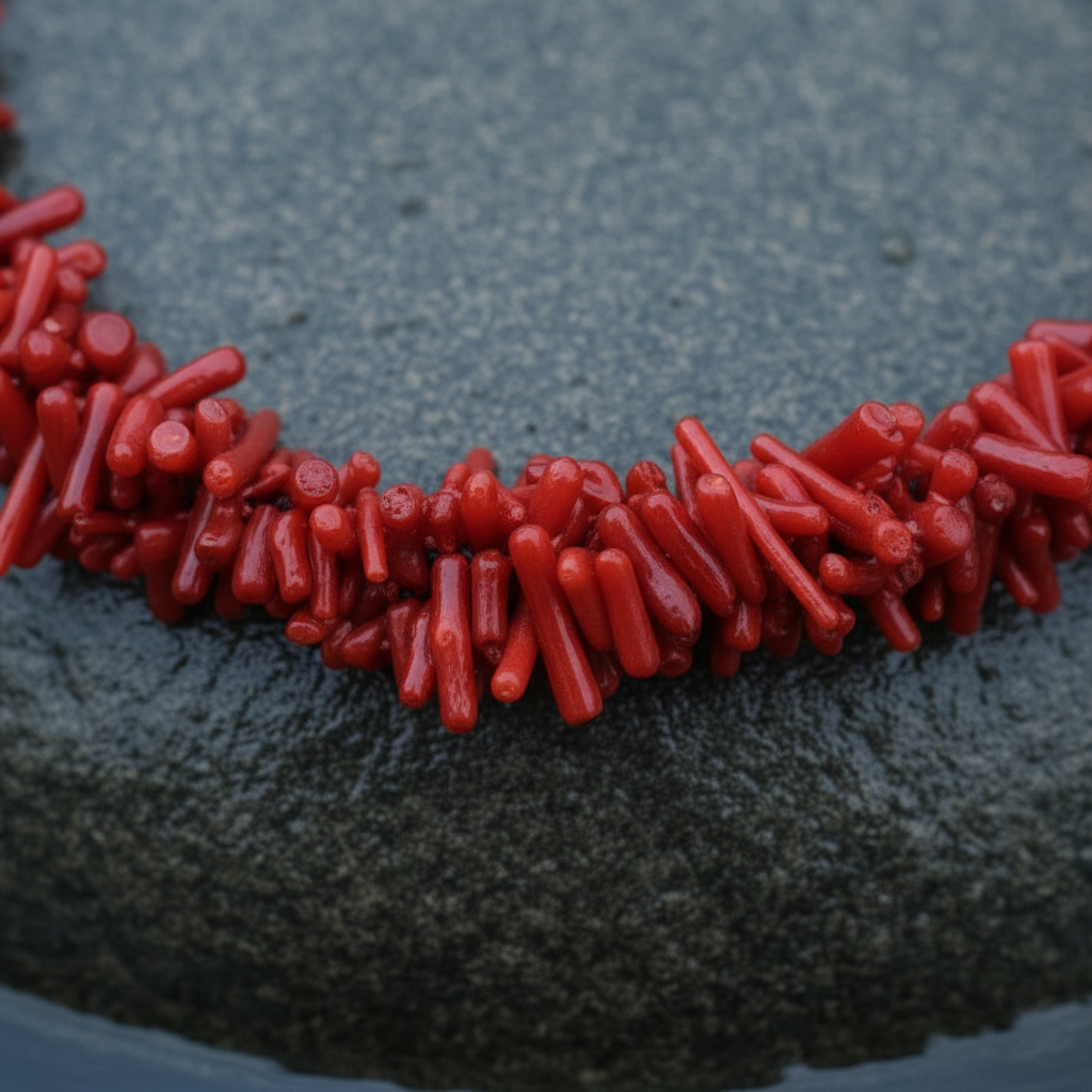 Rood koralen ketting liggend op steen in water close up | Carola