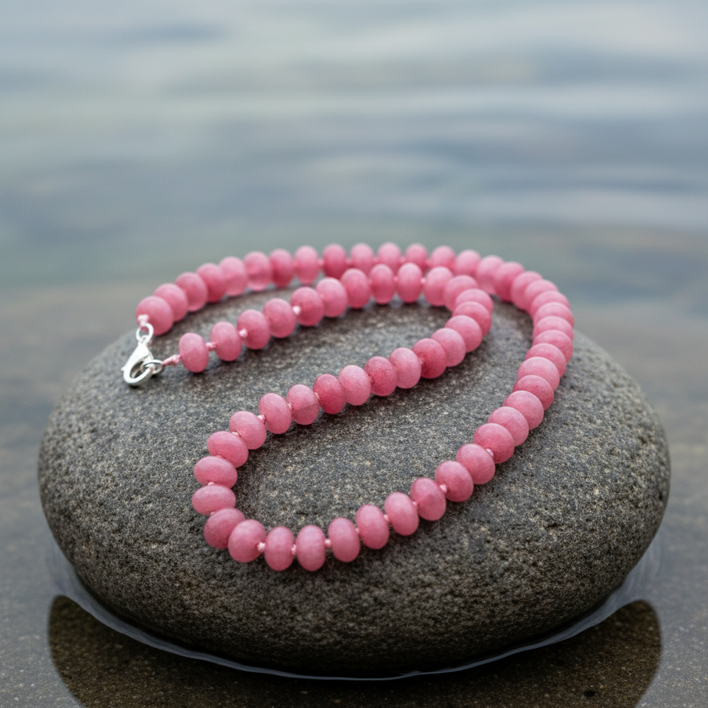 Roze handgeknoopte edelstenen  ketting met sterling zilver (925) liggend op steen close up | Cherry Quartz Rondelle