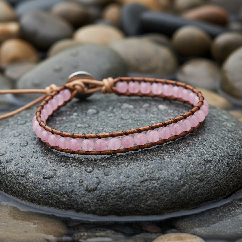 Wrap Little Rose Quartz edelstenen armband close-up op grijze natte steen bij oever