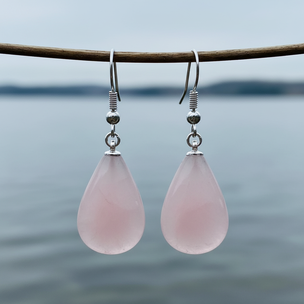 Roze edelstenen oorbellen met rozenkwarts in druppel vorm en sterling zilver hangend aan takje boven water | Rosé Quartz Big Drop
