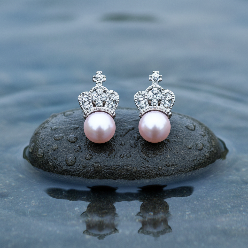 Zoetwater parel oorknopjes met roze parels en kroontje met stras steentjes liggend op steen in water | King’s Pearl P
