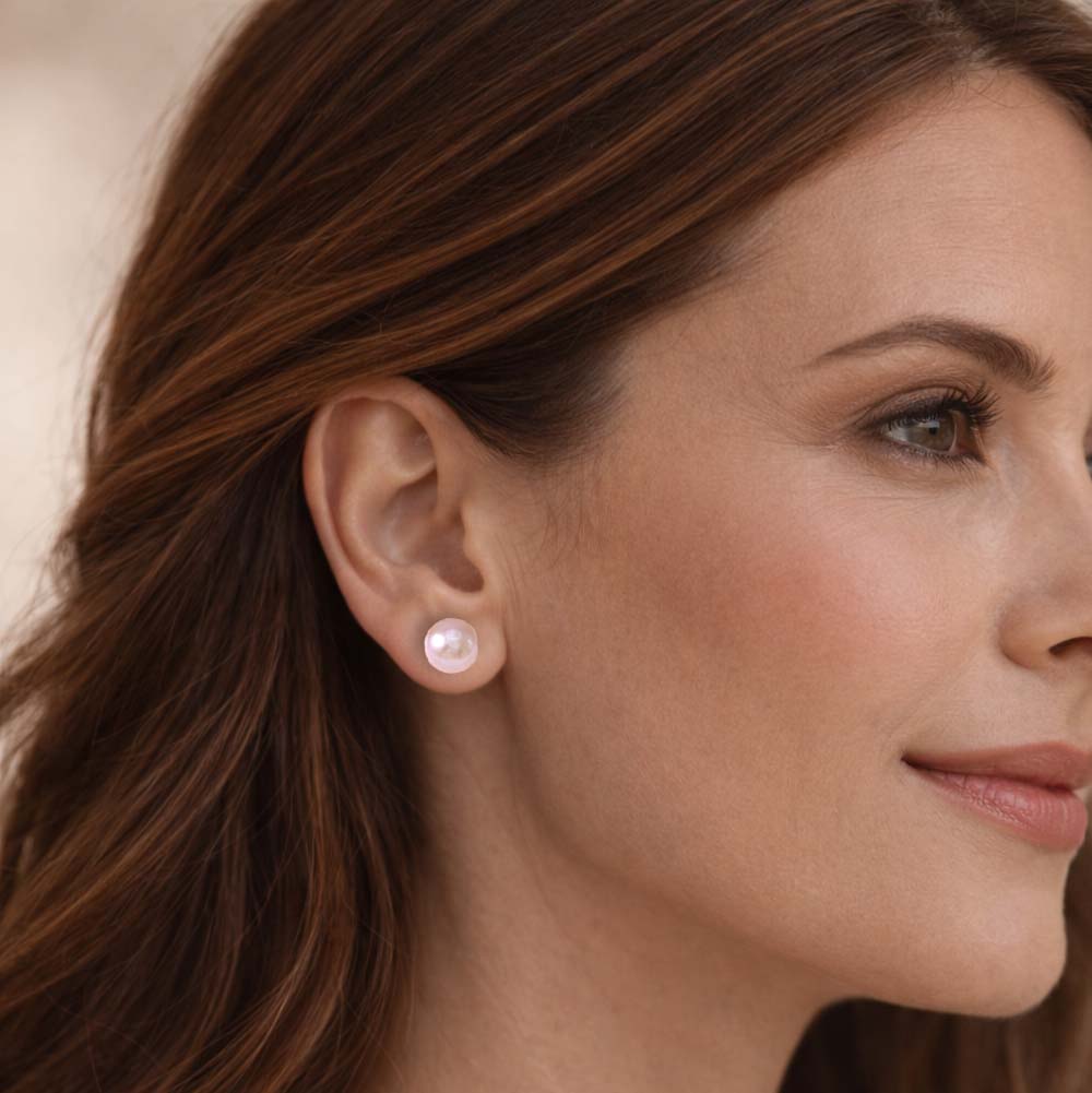 Roze zoetwater parel oorbellen met zilver edelstaal, parel oorknopje op model | Pearl Rose 10 mm