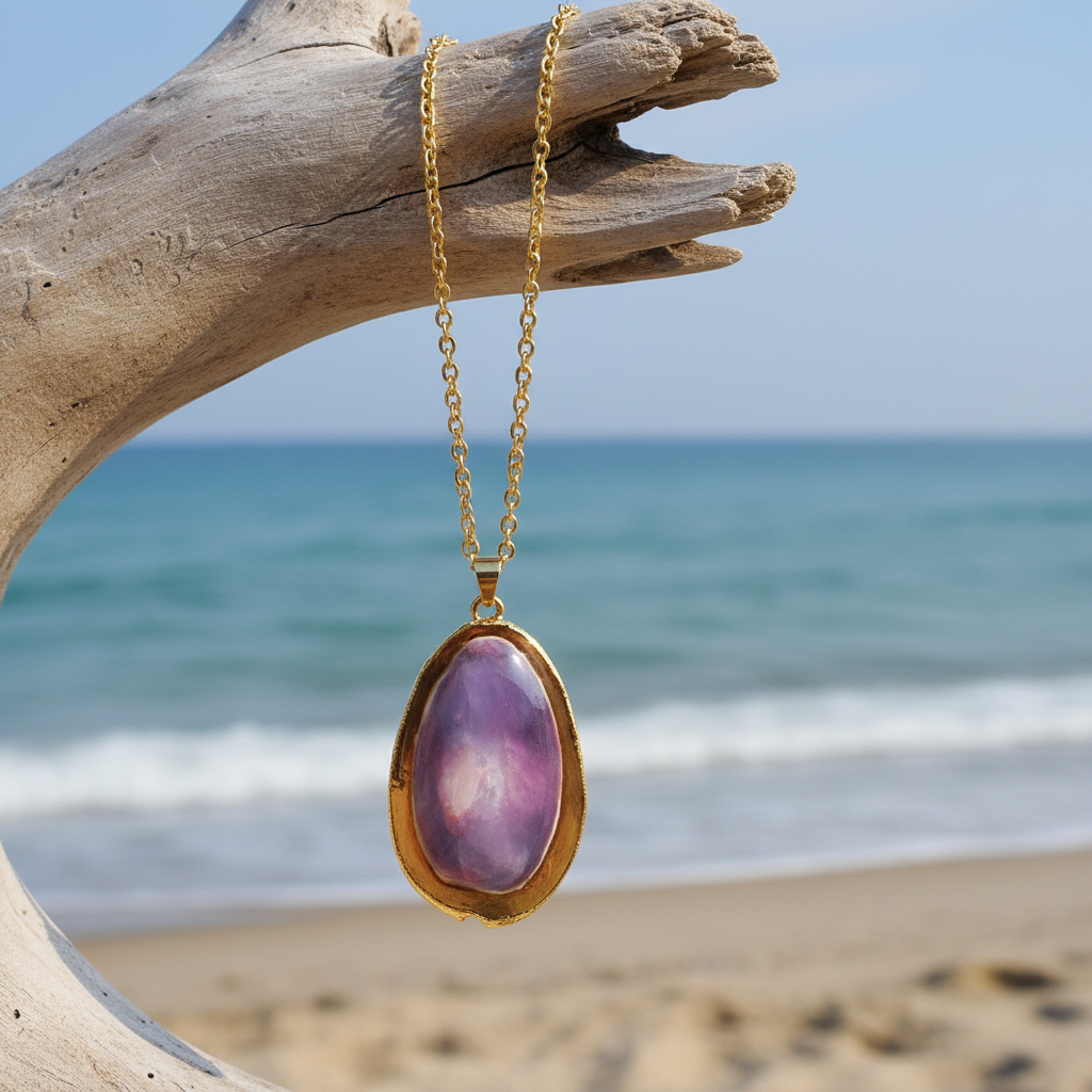 Paarse schelpen ketting met hanger en goud edelstaal hangend aan stronk | Shell Cowrie Purple