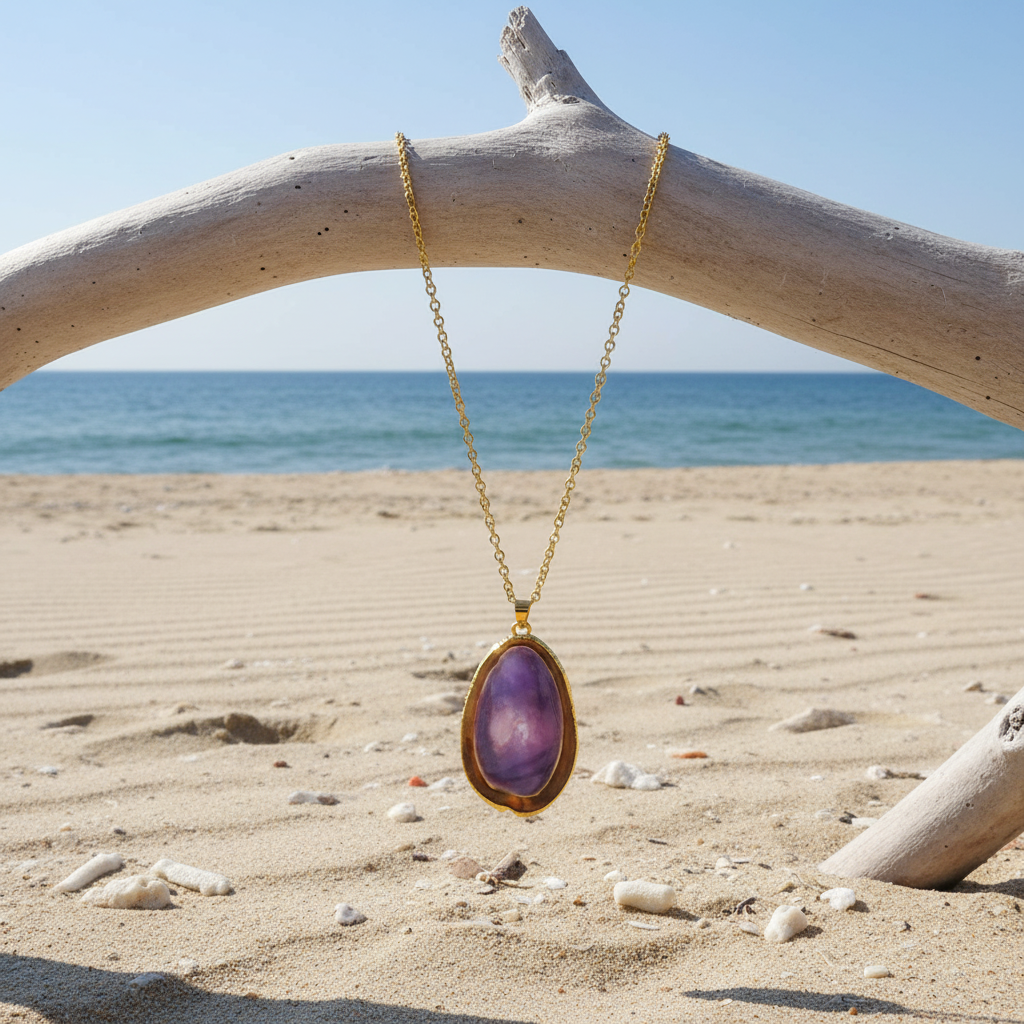 Paarse schelpen ketting met hanger en goud edelstaal hangend aan tak | Shell Cowrie Purple