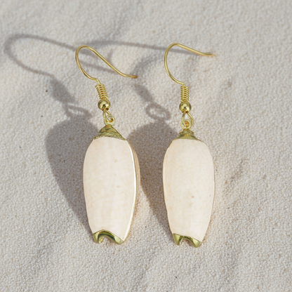 Schelpen oorbellen met beige schelp en goud edelstaal liggend op strand bij zonsopkomst | Pillar Seashell Gold