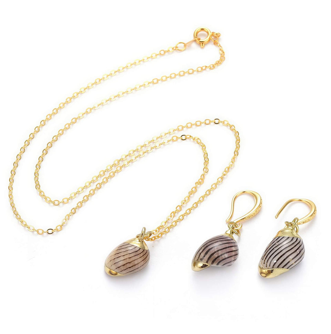 Schelpen sieraden set bestaande uit een schelpen ketting en schelpen oorbellen met bruine schelp | set Gold Spiral Shell