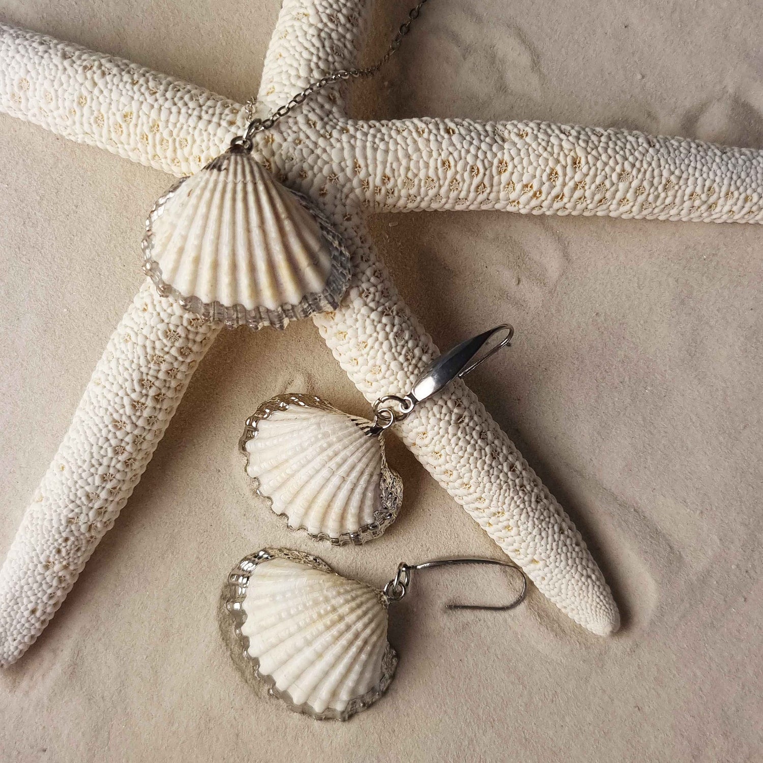 Schelpen sieraden set bestaande uit schelpen ketting en schelpen oorbellen met witte schelp en zilver edelstaal liggend op zand | set White Cockel Shell Silver