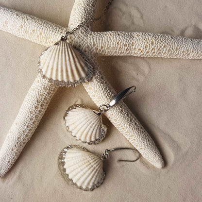 Schelpen sieraden set bestaande uit schelpen ketting en schelpen oorbellen met witte schelp en zilver edelstaal liggend op zand | set White Cockel Shell Silver