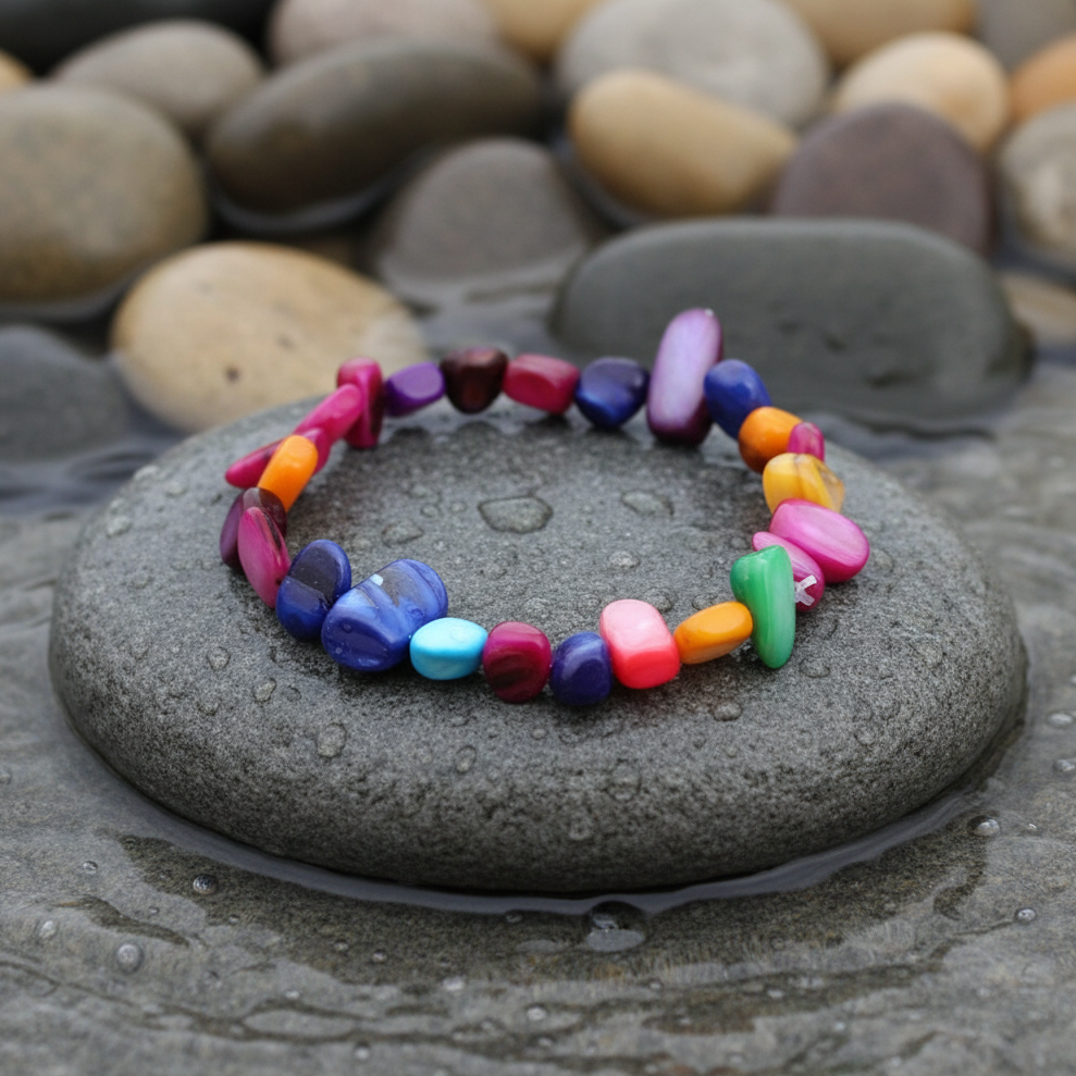 Bont gekleurd parelmoer schelpen armband liggend op steen | Elastisch | Multicoloured Shell Chip