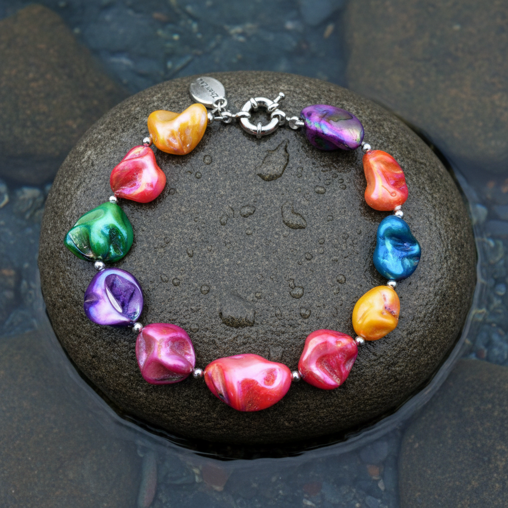 Vrolijk gekleurde parelmoeren schelpen armband liggend op steen in water | Shell AB Color