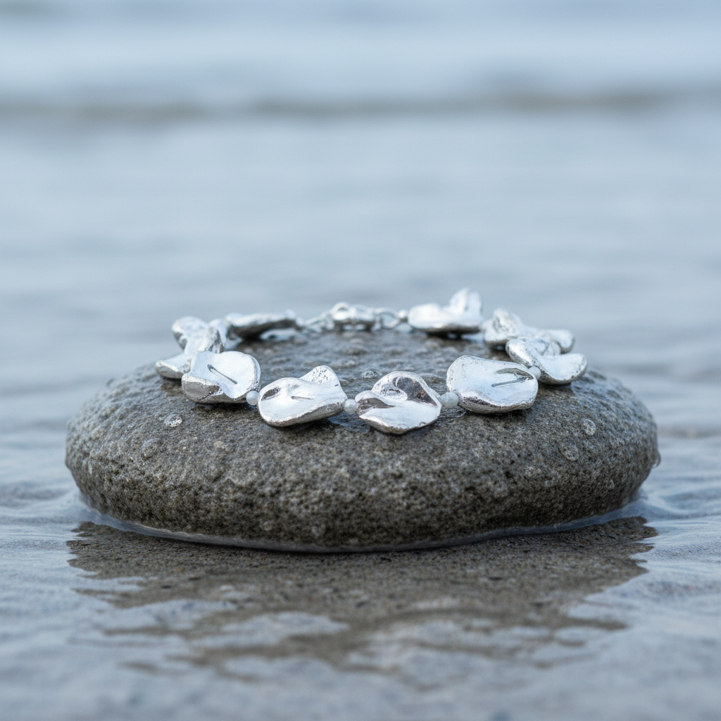 Zilver kleurige parelmoer schelpen armband liggend op steen zijaanzicht | Shell Silver