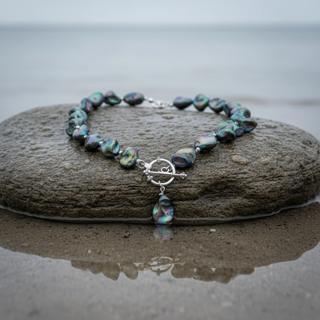 Donker blauw gekleurde parelmoeren schelpen ketting liggend op steen in het water | Shell AB Blue