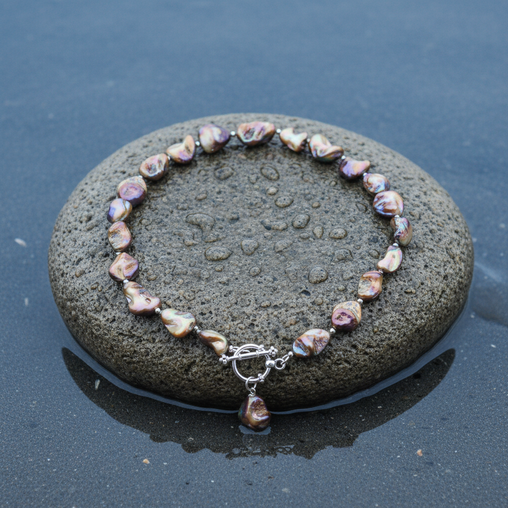 Bruin gekleurde parelmoeren schelpen ketting liggend op steen in water | Shell AB Brown