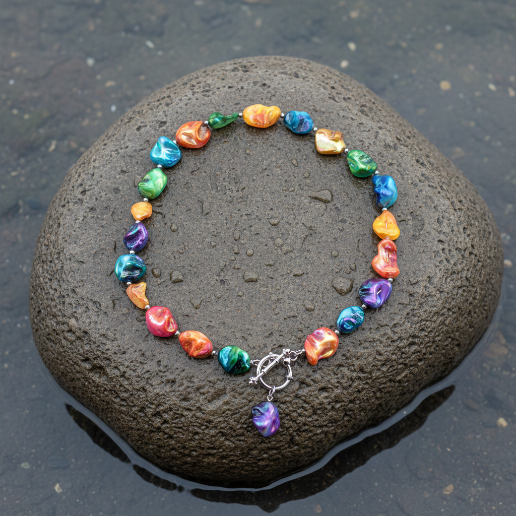 Schelpen ketting Shell AB Color bovenaanzicht plat op steen