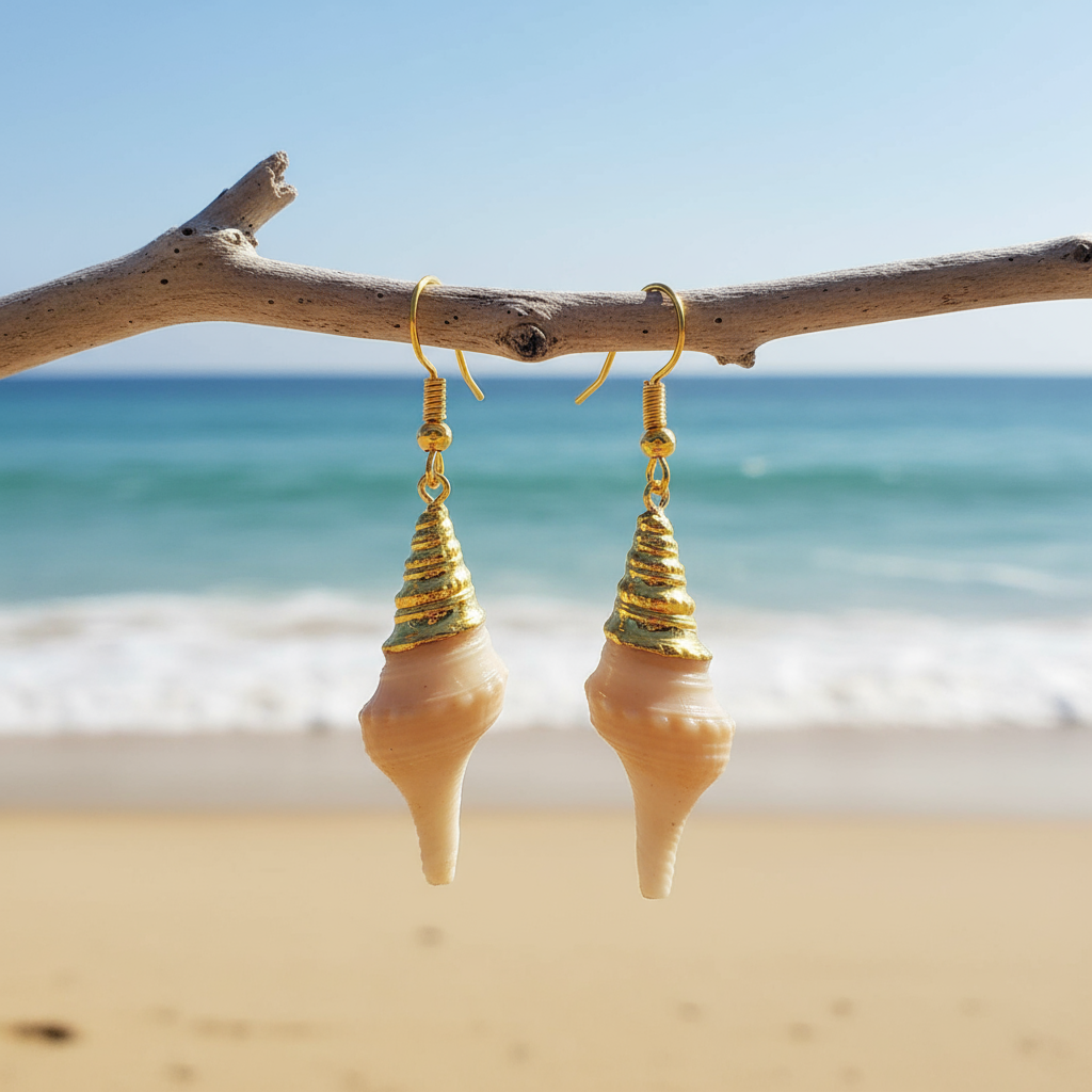 Schelpen oorbellen met crème kleurige schelp en goud edelstaal hangend aan takje met achtergrond zee | Beige Tower Shell