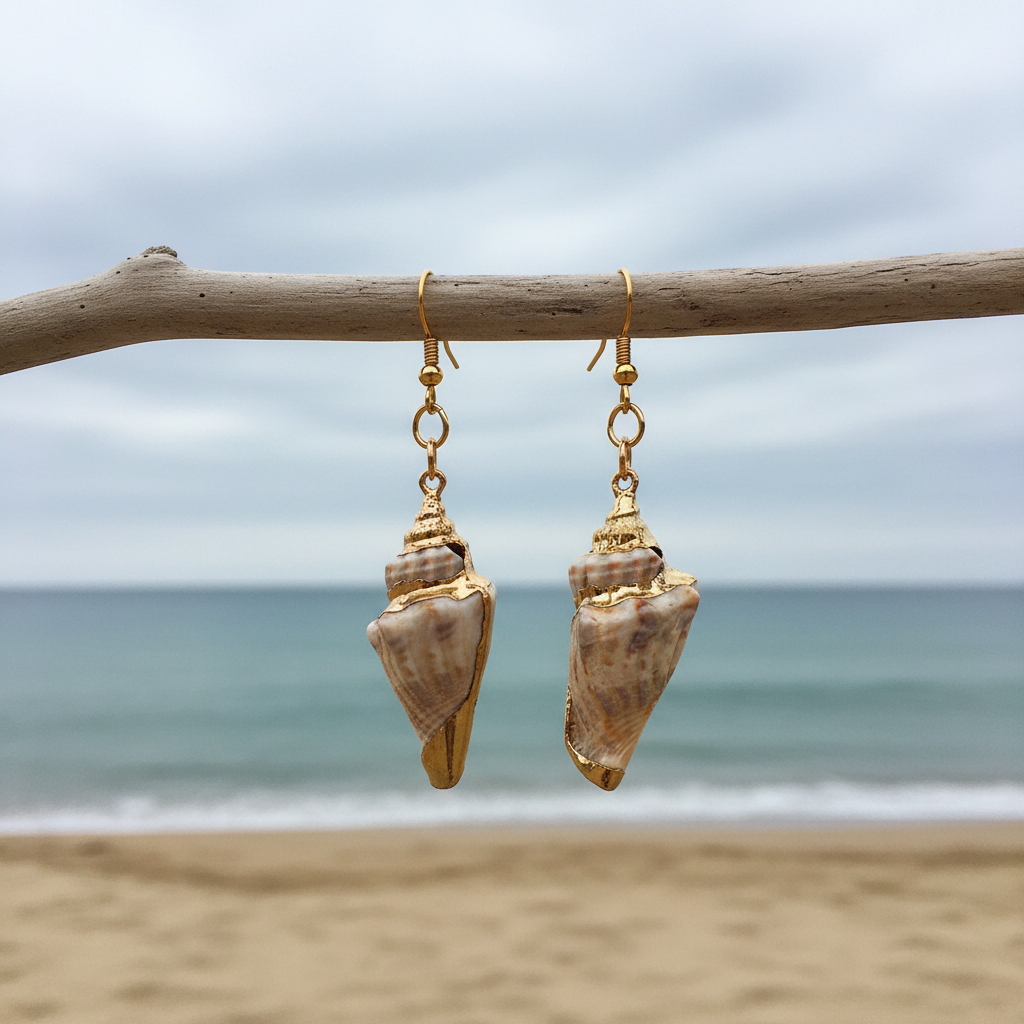 Schelpen oorbellen met wit beige schelp en goud edelstaal hangend aan takje met strand en zee achtergrond | Seashell Gold
