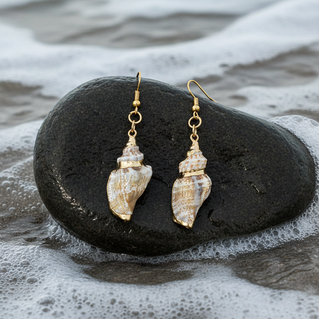 Schelpen oorbellen met wit beige schelp en goud edelstaal liggend op steen in zee | Seashell Gold