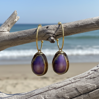 Gouden oorringen met paarse schelpen en goud edelstaal hangend aan tak | Shell Cowrie Purple