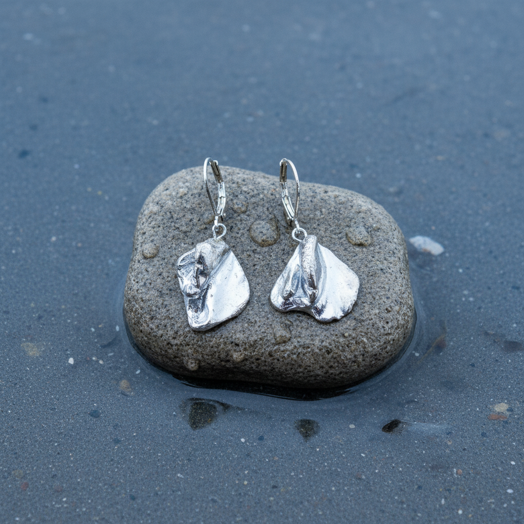 Zilver gekleurde schelpen oorbellen liggend op steen in water | Shell Silver