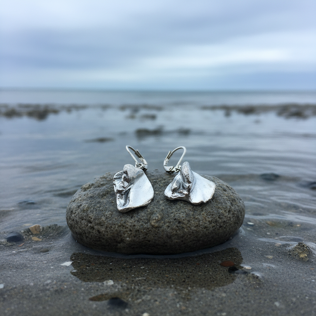 Zilver gekleurde schelpen oorbellen liggend op steen | Shell Silver